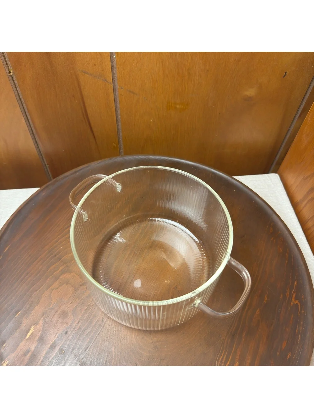 Vintage Clear Ribbed Glass Pot With Double Handles 6.5 Inch Serving Bowl